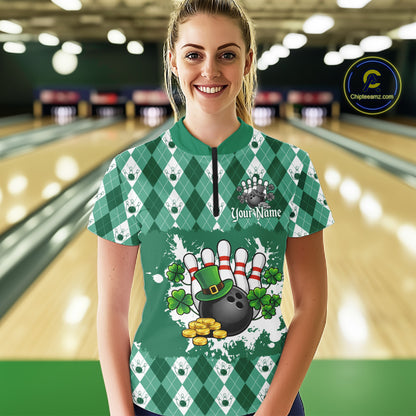 Argyle pattern St Patrick Green Bowling Polo, 1/4 zip shirts for Women Custom team bowling jerseys NQS11535
