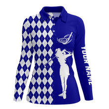 Load image into Gallery viewer, Personalized white argyle plaid pattern Womens golf polo shirts, custom Blue golf apparel for ladies NQS7907