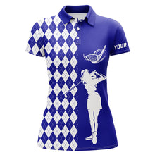 Load image into Gallery viewer, Personalized white argyle plaid pattern Womens golf polo shirts, custom Blue golf apparel for ladies NQS7907