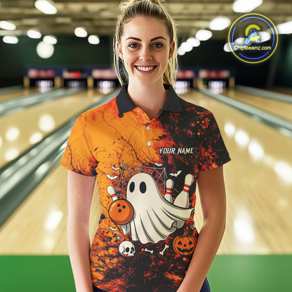 Custom Orange Boo Bowling Women Polo, Quarter Zip Shirts Bowling League Team Jersey Halloween Outfits NQS10523