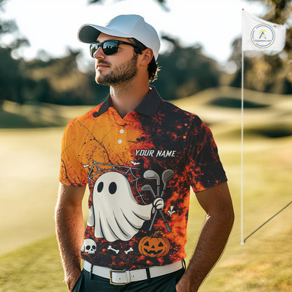 Custom Orange Halloween Boo Golf Polo Shirts for Men, Halloween Mens Golf Outfits NQS10524