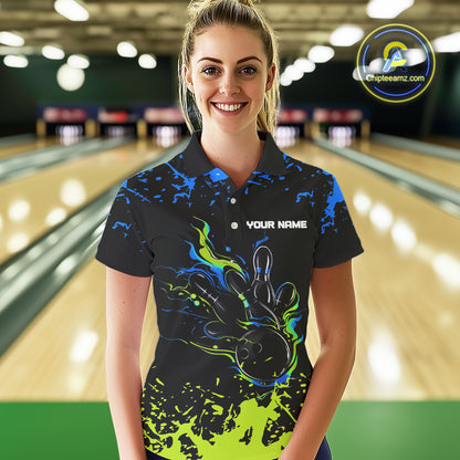 Personalized Black, Blue and Green Bowling Shirts For Women, Bowling Ball & Pins Bowling Team Shirts NQS10741