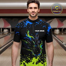 Load image into Gallery viewer, Personalized Black, Blue and Green Bowling Shirts For Men, Bowling Balls And Pins Bowling Team Shirts NQS10741