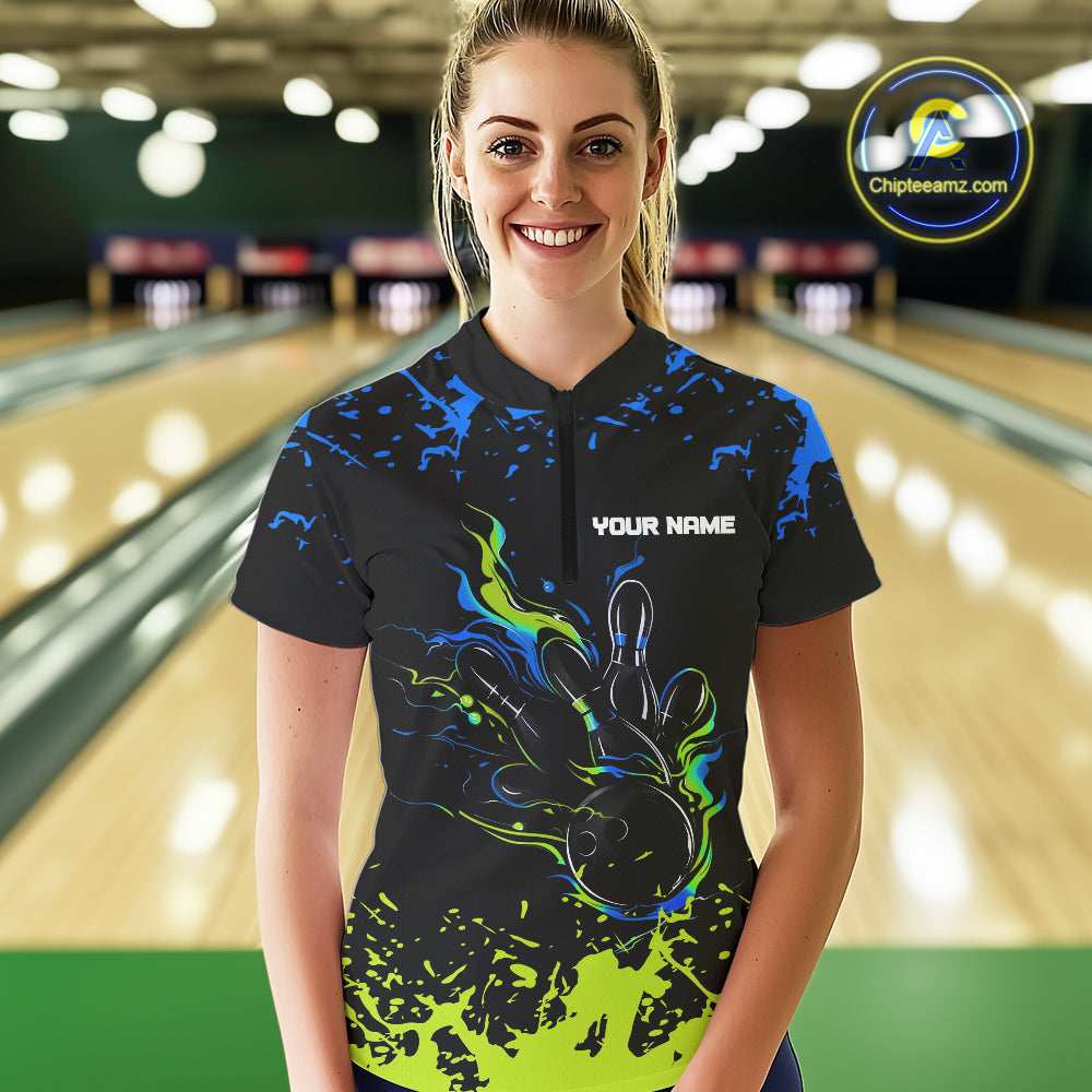 Personalized Black, Blue and Green Bowling Shirts For Women, Bowling Ball & Pins Bowling Team Shirts NQS10741