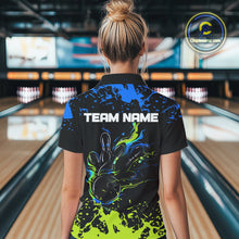 Load image into Gallery viewer, Personalized Black, Blue and Green Bowling Shirts For Women, Bowling Ball &amp; Pins Bowling Team Shirts NQS10741