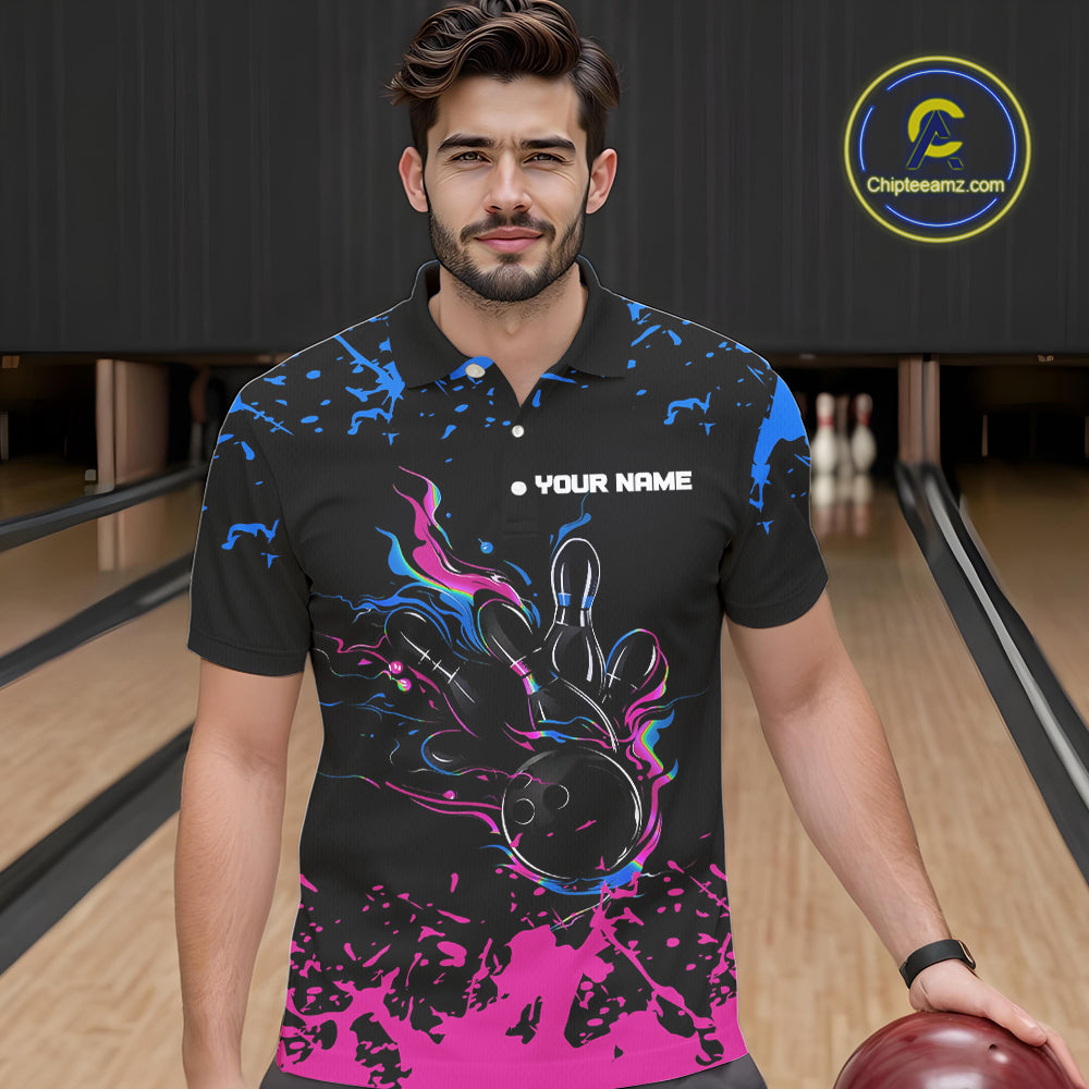 Personalized Black, Blue and Pink Bowling Shirts For Men, Bowling Balls And Pins Bowling Team Shirts NQS10742