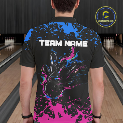 Personalized Black, Blue and Pink Bowling Shirts For Men, Bowling Balls And Pins Bowling Team Shirts NQS10742