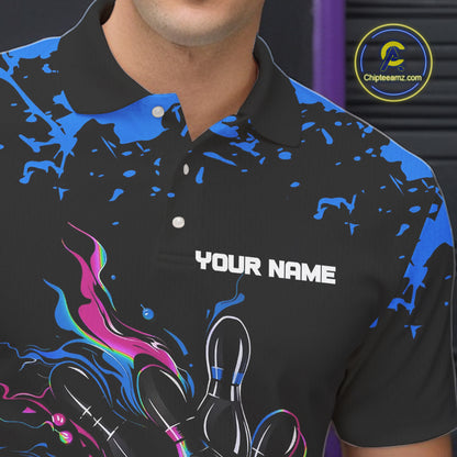 Personalized Black, Blue and Pink Bowling Shirts For Men, Bowling Balls And Pins Bowling Team Shirts NQS10742