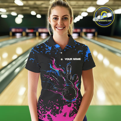 Personalized Black, Blue and Pink Bowling Shirts For Women, Bowling Ball & Pins Bowling Team Shirts NQS10742