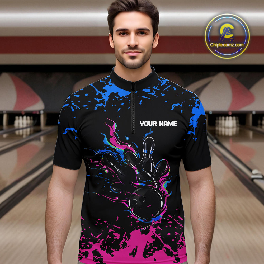 Personalized Black, Blue and Pink Bowling Shirts For Men, Bowling Balls And Pins Bowling Team Shirts NQS10742