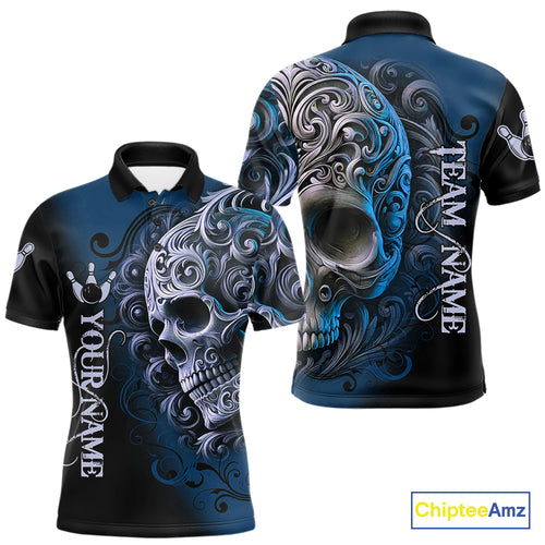 Blue and Black Skull Scroll Men Bowling Polo, Quarter Zip Shirts Custom Skull Team bowling Jersey NQS10939
