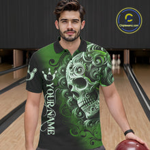 Load image into Gallery viewer, Green and Black Skull Scroll Men Bowling Polo, Quarter Zip Shirts Custom Skull Team bowling Jersey NQS10940