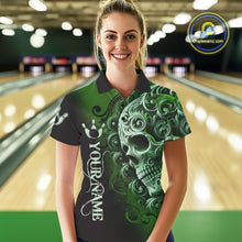 Load image into Gallery viewer, Green and Black Skull Scroll Women Bowling Polo, Quarter Zip Shirts Custom Skull Team bowling Jersey NQS10940