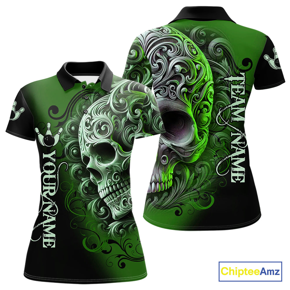 Green and Black Skull Scroll Women Bowling Polo, Quarter Zip Shirts Custom Skull Team bowling Jersey NQS10940