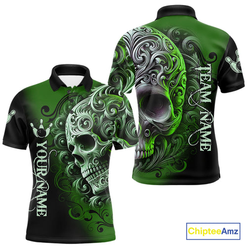 Green and Black Skull Scroll Men Bowling Polo, Quarter Zip Shirts Custom Skull Team bowling Jersey NQS10940