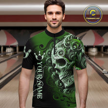 Load image into Gallery viewer, Green and Black Skull Scroll Men Bowling Polo, Quarter Zip Shirts Custom Skull Team bowling Jersey NQS10940