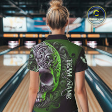 Load image into Gallery viewer, Green and Black Skull Scroll Women Bowling Polo, Quarter Zip Shirts Custom Skull Team bowling Jersey NQS10940