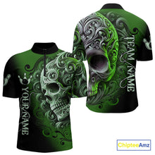 Load image into Gallery viewer, Green and Black Skull Scroll Men Bowling Polo, Quarter Zip Shirts Custom Skull Team bowling Jersey NQS10940