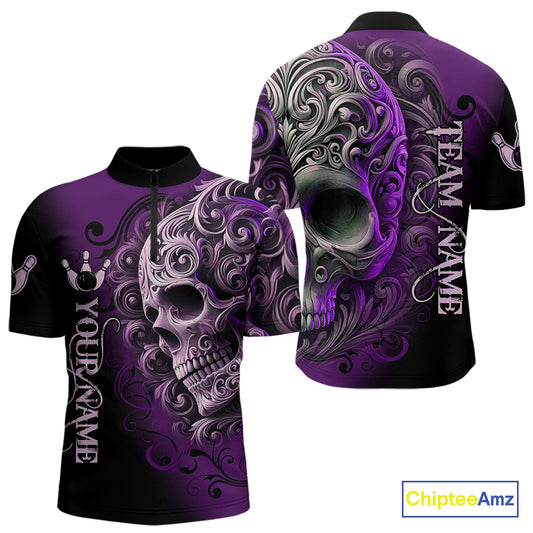Purple and Black Skull Scroll Men Bowling Polo, Quarter Zip Shirts Custom Skull Team bowling Jersey NQS10941