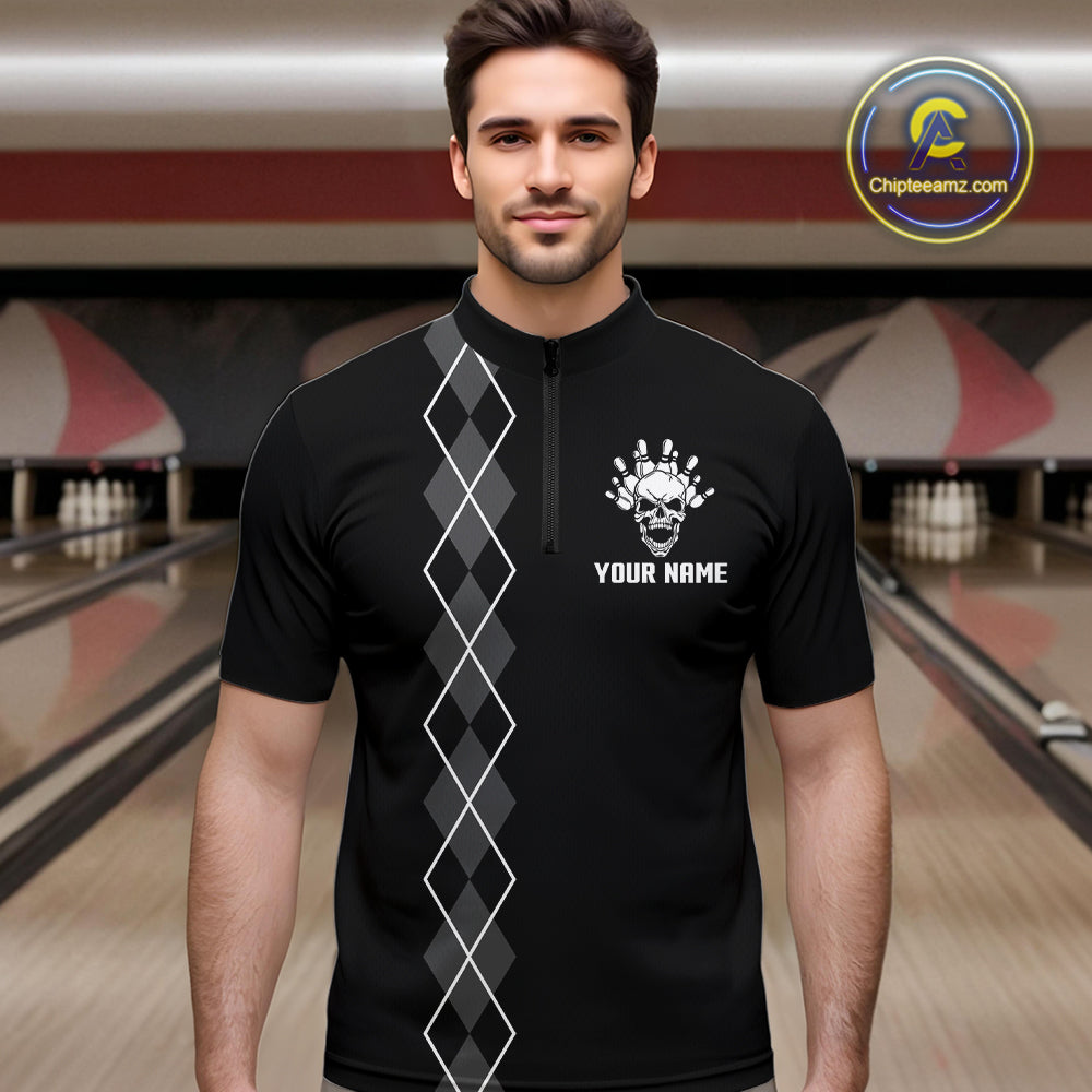Custom Black and White argyle American Flag Skull retro Mens Bowling Shirts patriotic Team Jerseys NQS11131