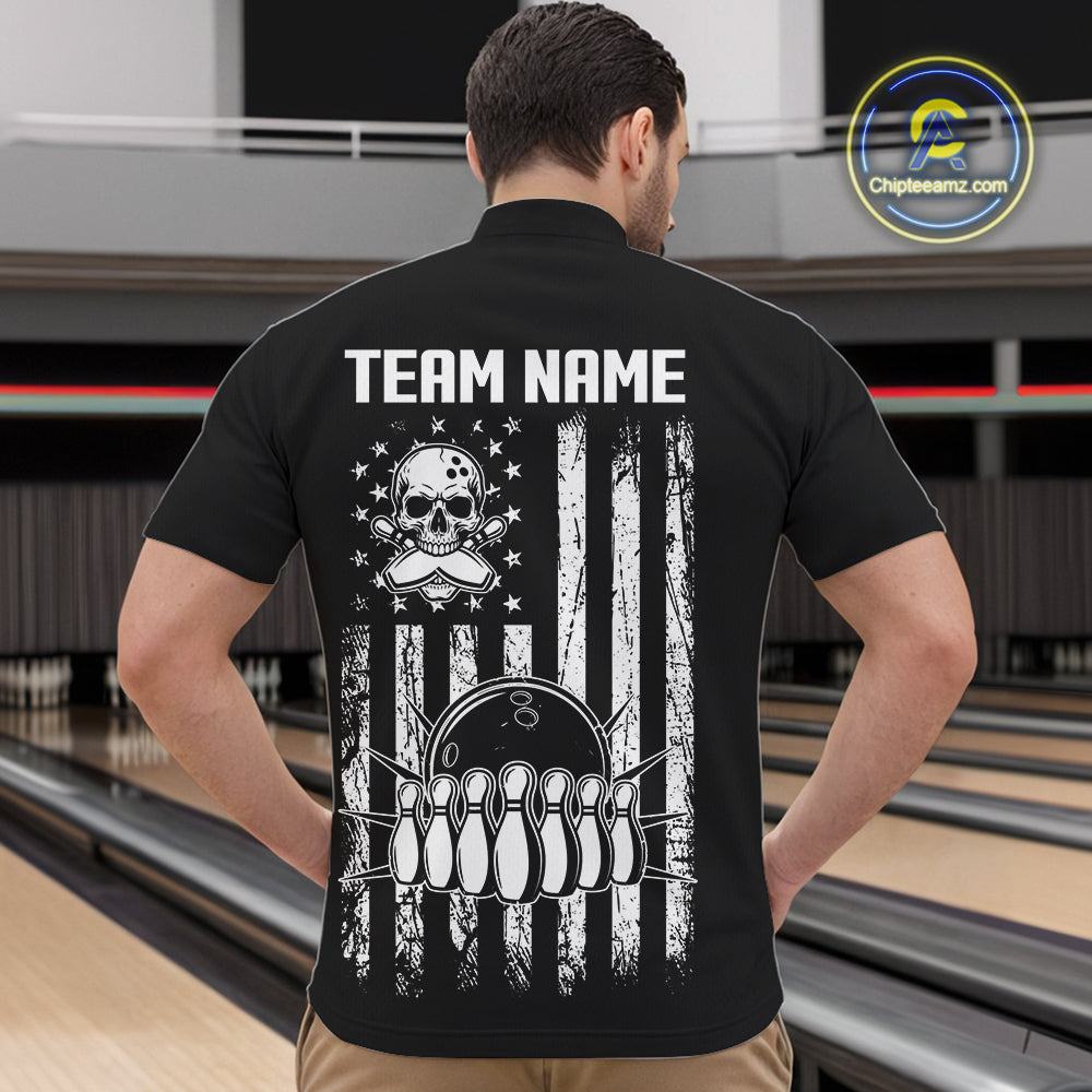 Custom Black and White argyle American Flag Skull retro Mens Bowling Shirts patriotic Team Jerseys NQS11131