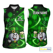 Load image into Gallery viewer, Green shamrock pattern Funny Sleeveless polo shirt Custom St Patrick's Day Lucky ladies golf outfit NQS11134