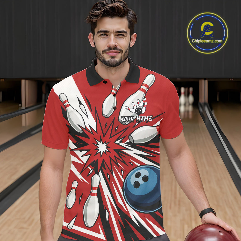Custom Red Bowling Polo, Quarter Zip Shirts For Men, Team Bowling Uniforms League Shirts NQS11135