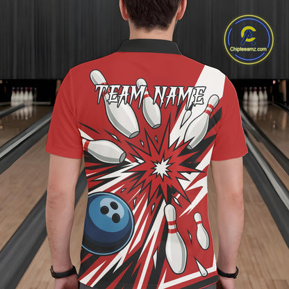 Custom Red Bowling Polo, Quarter Zip Shirts For Men, Team Bowling Uniforms League Shirts NQS11135