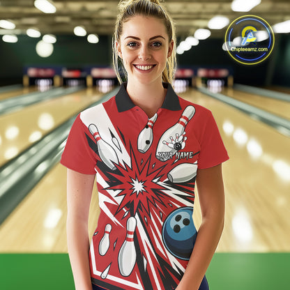 Custom Red Bowling Polo, Quarter Zip Shirts For Women, Team Bowling Uniforms League Shirts NQS11135