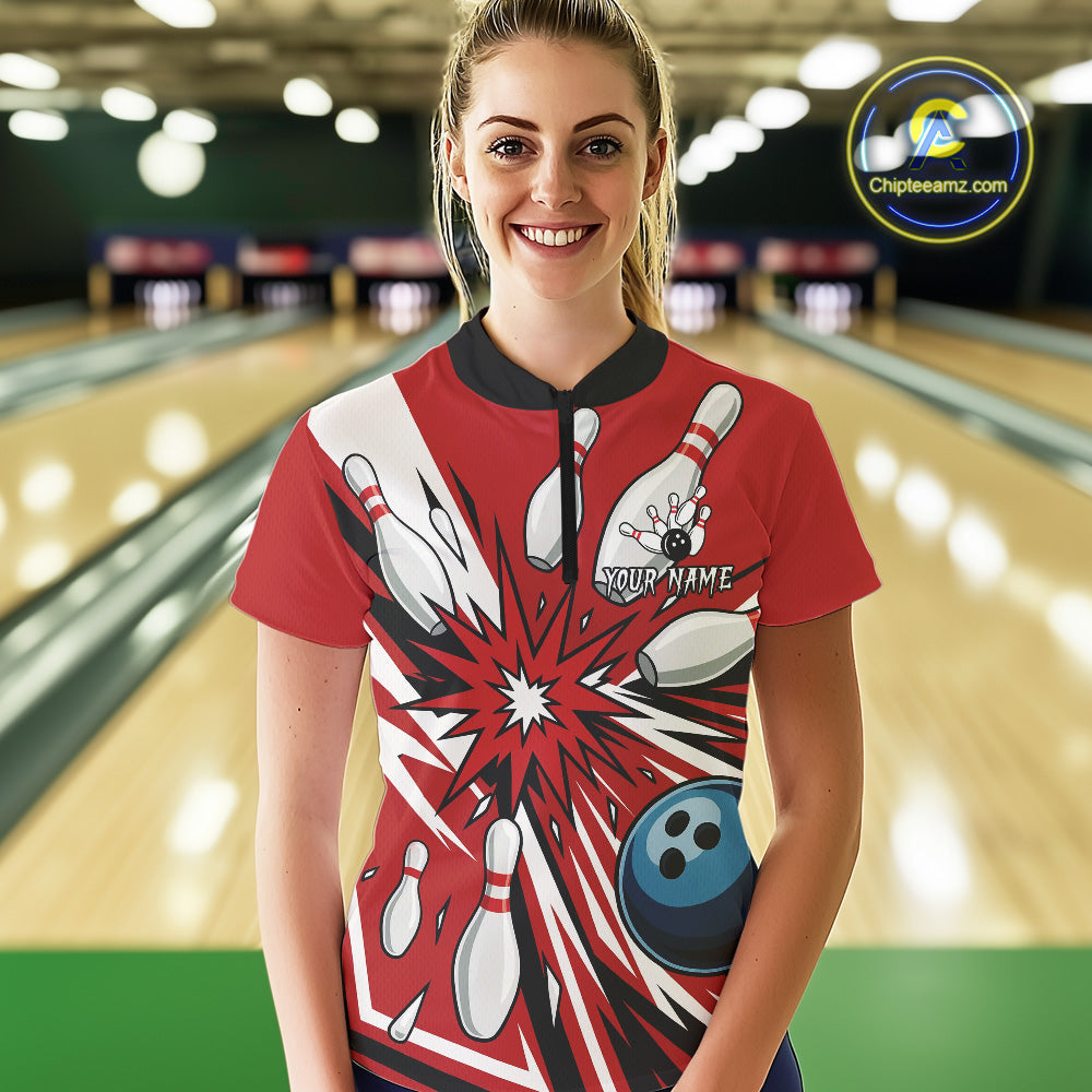 Custom Red Bowling Polo, Quarter Zip Shirts For Women, Team Bowling Uniforms League Shirts NQS11135