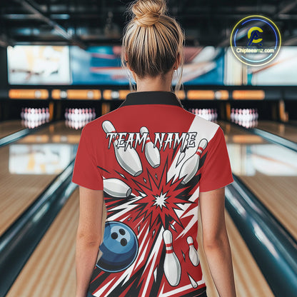 Custom Red Bowling Polo, Quarter Zip Shirts For Women, Team Bowling Uniforms League Shirts NQS11135