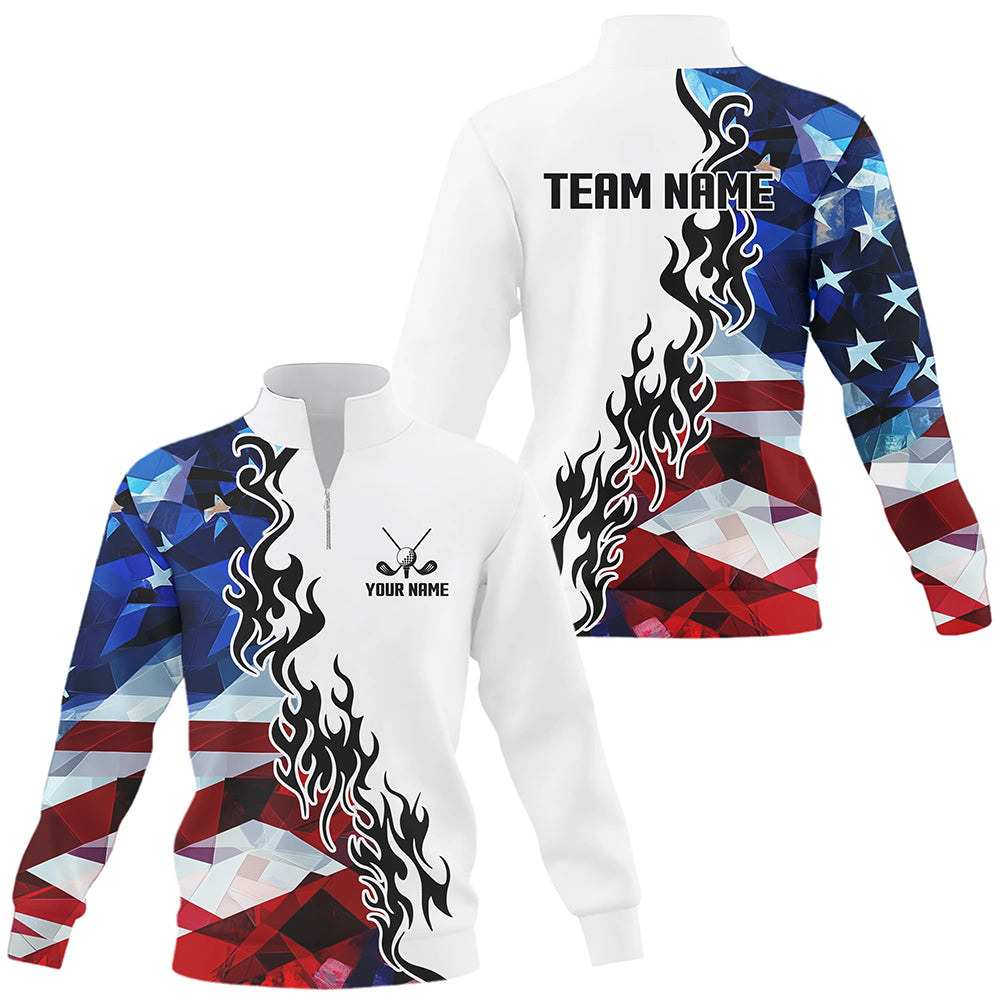 American Flag Fire Flame White Quarter zip golf sweatshirt custom patriotic team golf sweater attire NQS9271