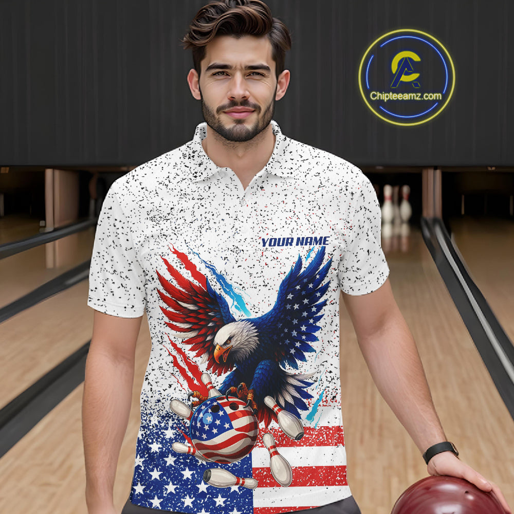 Grunge American Flag Eagle Bowling Polo, 1/4 Zip Shirt For Men Custom patriotic Team Bowling jerseys NQS11327