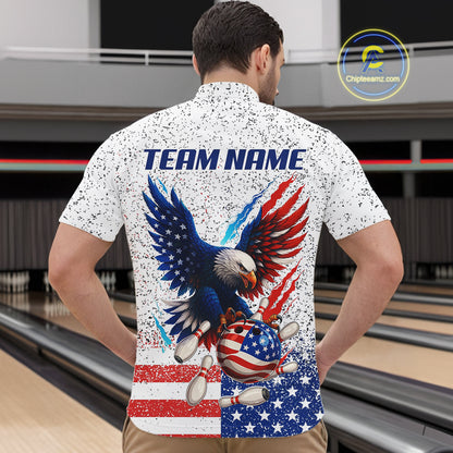 Grunge American Flag Eagle Bowling Polo, 1/4 Zip Shirt For Men Custom patriotic Team Bowling jerseys NQS11327