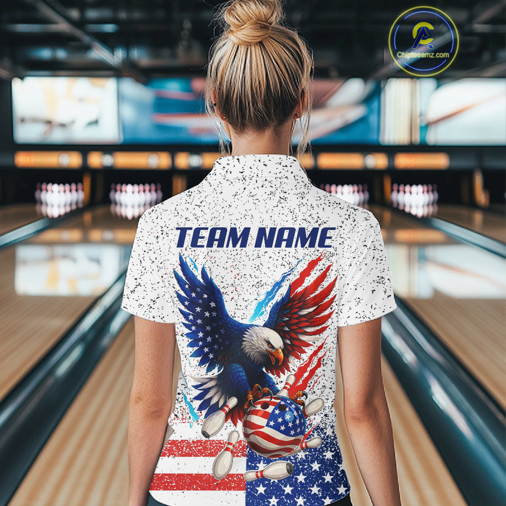 Grunge American Flag Eagle Bowling Polo, 1/4 Zip Shirt For Women Custom patriotic Team Bowling jersey NQS11327