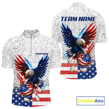 Grunge American Flag Eagle Bowling Polo, 1/4 Zip Shirt For Men Custom patriotic Team Bowling jerseys NQS11327