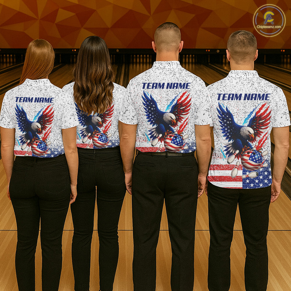 Grunge American Flag Eagle Bowling Polo, 1/4 Zip Shirt For Women Custom patriotic Team Bowling jersey NQS11327