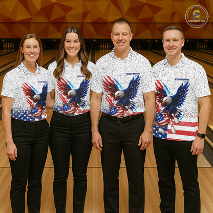 Grunge American Flag Eagle Bowling Polo, 1/4 Zip Shirt For Women Custom patriotic Team Bowling jersey NQS11327