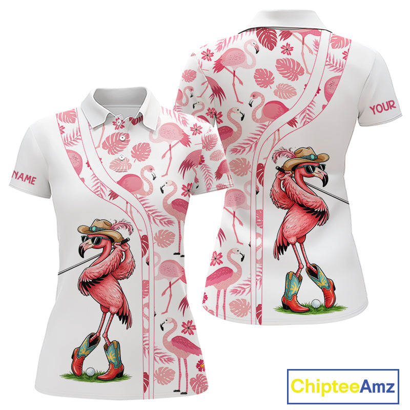 Funny White and Pink Flamingo golf polo shirts for Women Custom team Flamingo golf outfit ladies NQS11546