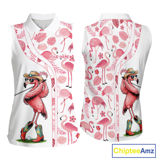 Funny White and Pink Flamingo sleeveless golf polo shirts Custom team Flamingo golf outfit ladies NQS11546