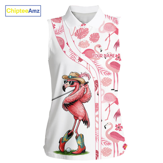 Funny White and Pink Flamingo sleeveless golf polo shirts Custom team Flamingo golf outfit ladies NQS11546