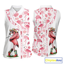 Load image into Gallery viewer, Funny White and Pink Flamingo sleeveless golf polo shirts Custom team Flamingo golf outfit ladies NQS11546