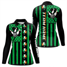 Load image into Gallery viewer, Black and Green American flag Irish Women bowling shirts Custom St Patrick Day Bowling Team Jersey NQS9612