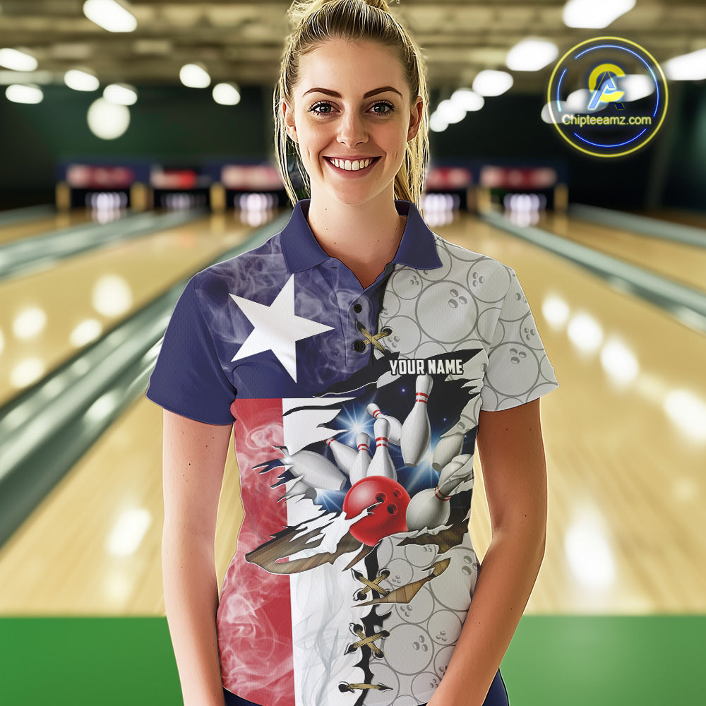 Smoke Texas Flag Gray Camo Bowling Polo, 1/4 Zip shirt for Women Custom patriotic Team bowling jersey NQS10532