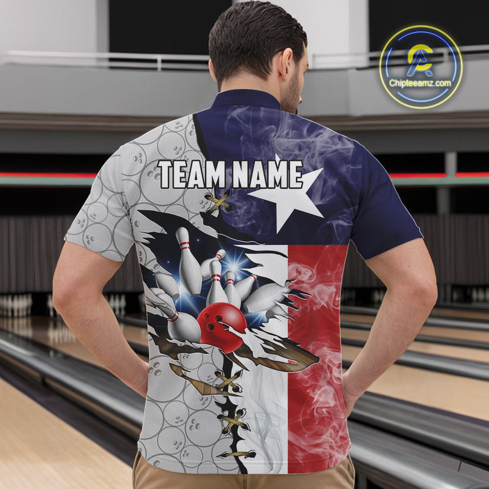 Smoke Texas Flag Gray Camo Bowling Polo, 1/4 Zip shirt for men Custom patriotic Team bowling jersey NQS10532