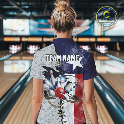 Smoke Texas Flag Gray Camo Bowling Polo, 1/4 Zip shirt for Women Custom patriotic Team bowling jersey NQS10532