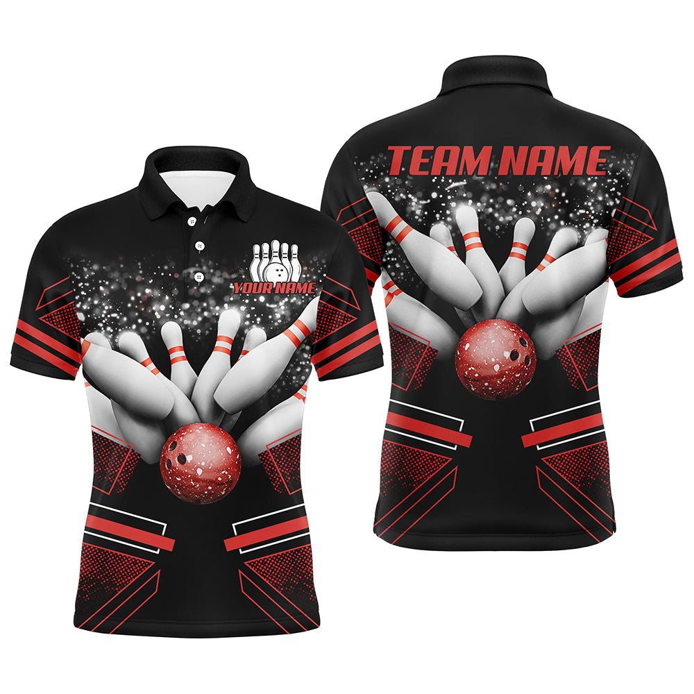 Black and Red Mens polo, quarter zip bowling shirt Custom Bowling Ball And Pins Team League Jerseys NQS8800