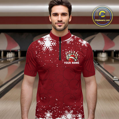 Red Christmas Bowling snowflake Men's Bowling Polo, Quarter Zip shirts Custom Xmas Bowling Outfits NQS10949
