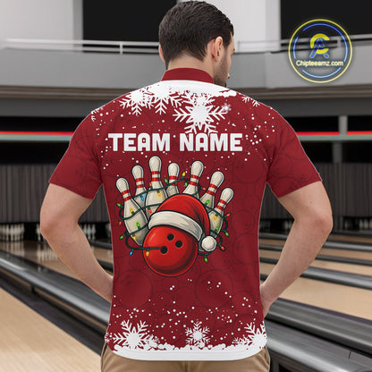 Red Christmas Bowling snowflake Men's Bowling Polo, Quarter Zip shirts Custom Xmas Bowling Outfits NQS10949