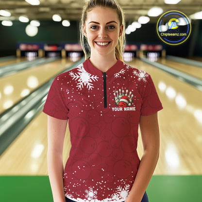 Red Christmas Bowling snowflake Women's Bowling Polo, Quarter Zip shirts Custom Xmas Bowling Outfits NQS10949